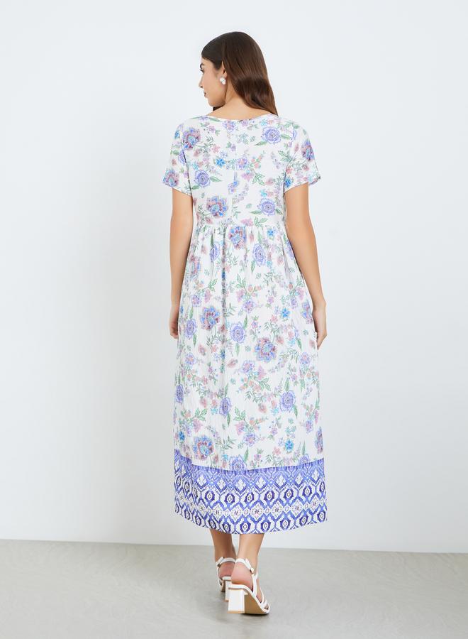 Styli Women Blue Floral Print A-Line Midi Dress - Image 4